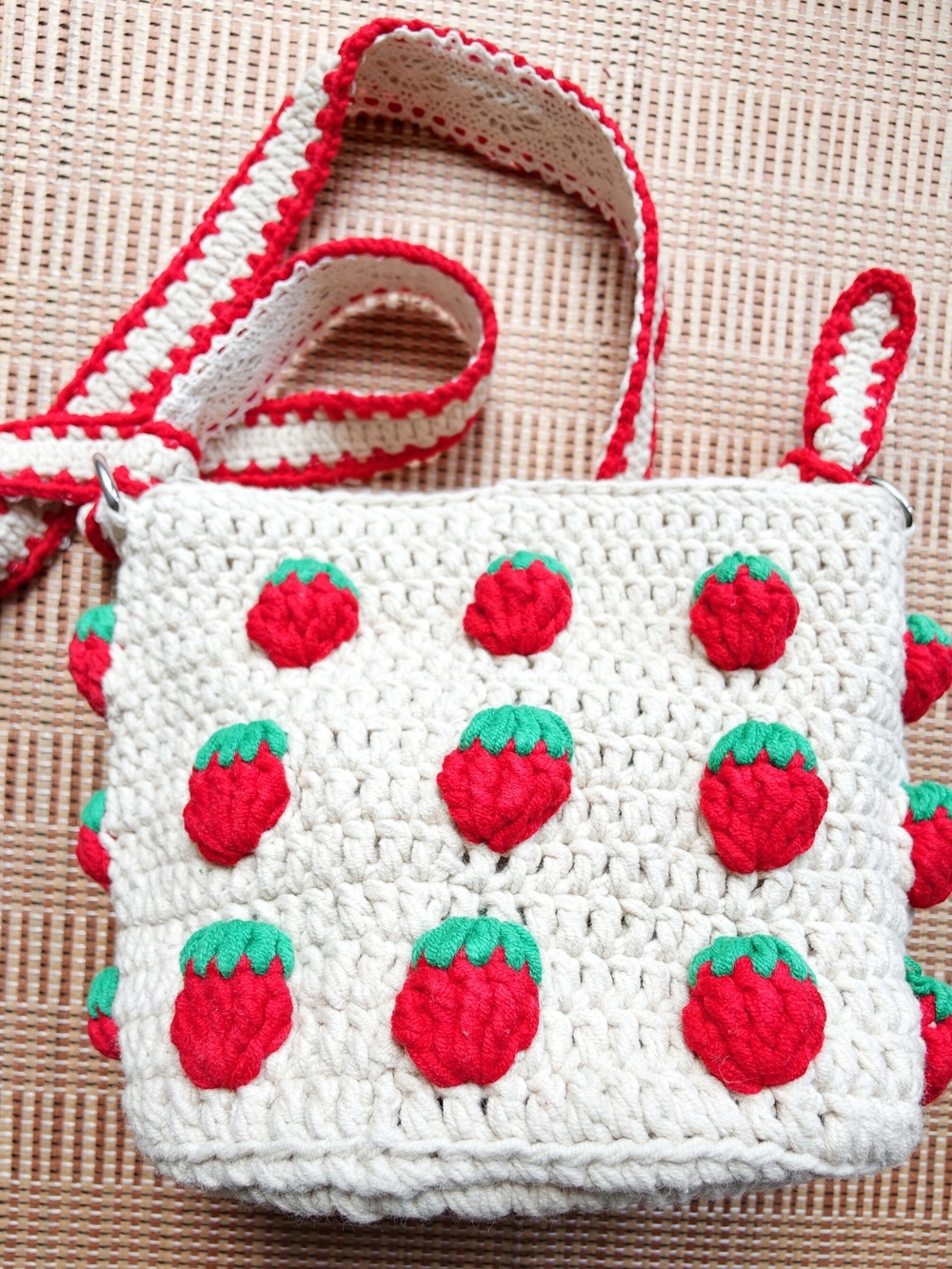 Handmade Cream Crochet Strawberry Crossbody Bag with Red Strap, Boho Tote Bag - Picture 6 of 14